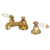 Metropolitan Widespread Lavatory Faucet - Metal and Porcelain Lever Handles - Satin Brass