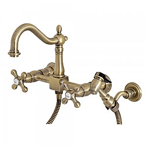 Heritage Wall Mount Bridge Kitchen Faucet with Brass Sprayer -  Antique Brass