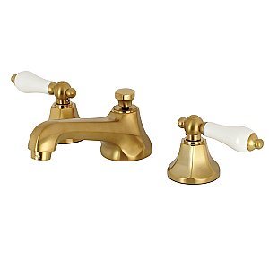 Metropolitan Widespread Lavatory Faucet - Metal and Porcelain Lever Handles - Satin Brass