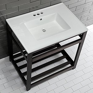 Kingston Brass VWP3122W4A5 Quadras 31-Inch Ceramic Console Sink (4-Inch, 3-Hole), White/Oil Rubbed Bronze