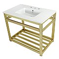Fauceture VWP3722W8A7 Quadras 37-Inch Ceramic Console Sink (8-Inch, 3-Hole), White/Brushed Brass