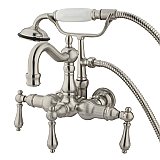 Wall Mount Victorian Clawfoot Tub Faucet with Hand Shower 3-3/8" on Center - Metal Lever Handles - Satin Nickel