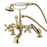 Deck Mount Clawfoot Tub Faucet with Hand Shower - Adjustable Centers - Metal Cross Handles - Polished Brass