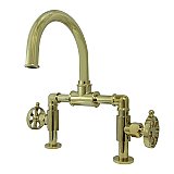Kingston Brass KS2172RX Belknap Industrial Style Wheel Handle Bridge Bathroom Faucet with Pop-Up Drain, Polished Brass