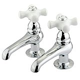 Restoration Basin Sink Faucet Separate Hot & Cold Taps - Porcelain Cross Handles - Polished Chrome