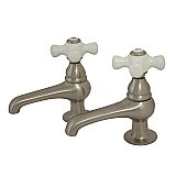 Restoration Basin Sink Faucet Separate Hot & Cold Taps - Porcelain Cross Handles - Satin Nickel