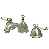 Restoration Widespread Sink Faucet - Porcelain Lever Handles - Satin Nickel