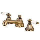 Metropolitan Widespread Lavatory Faucet - Metal and Porcelain Lever Handles - Vintage Brass