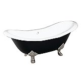 72-Inch Cast Iron Double Slipper Clawfoot Tub (No Faucet Drillings), Black/White/Brushed Nickel