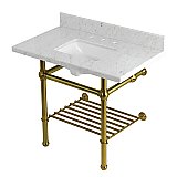 Kingston Brass KVPB3630MBSQB7 Templeton 36" Console Sink with Brass Legs (8-Inch, 3 Hole), Carrara Marble/Brushed Brass