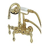 Kingston Brass CA7T2 Vintage 3-3/8" Tub Wall Mount Clawfoot Tub Faucet with Hand Shower, Polished Brass