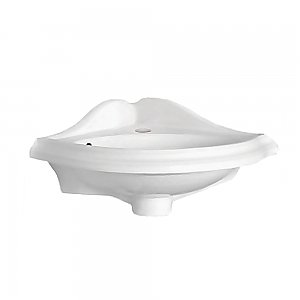 Isabella Collection Corner Wall Mount Basin with Oval Bowl, Backsplash, Decorative Trim Overflow and Single Hole Faucet Drilling