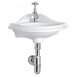 Isabella Collection Corner Wall Mount Basin with Oval Bowl, Backsplash, Decorative Trim Overflow and Single Hole Faucet Drilling