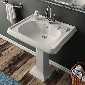 29" Traditional Single Hole Pedestal Sink w/ Large Rectangular Bowl & Dual Soap Ledges - Overflow Control Rim and Overflow