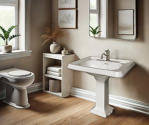 29" Traditional Single Hole Pedestal Sink w/ Large Rectangular Bowl & Dual Soap Ledges - Overflow Control Rim and Overflow