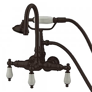 Gooseneck Wall Mount Clawfoot Tub Faucet with Hand Shower - 3-3/8" on Center - Porcelain Lever Handles - Oil Rubbed Bronze