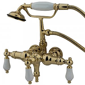 Wall Mount Clawfoot Tub Faucet with Hand Shower - 3-3/8" on Center - Porcelain Lever Handles - Polished Brass
