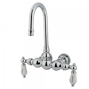 Gooseneck Wall Mount Clawfoot Tub Faucet - 3-3/8" on Center - Porcelain Lever Handles - Polished Chrome