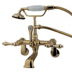 Wall Mount Clawfoot Tub Faucet with Hand Shower - Adjustable Center - Metal Lever Handles - Polished Brass