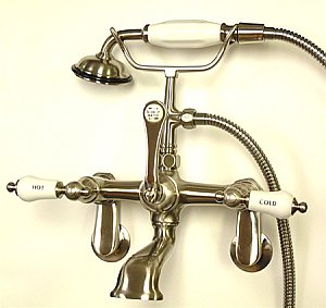 Wall Mount Clawfoot Tub Faucet with Hand Shower - Adjustable Center - Metal Lever Handles - Satin Nickel