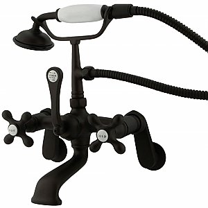 Wall Mount Clawfoot Tub Faucet with Hand Shower - Adjustable Center - Metal Cross Handles - Oil Rubbed Bronze
