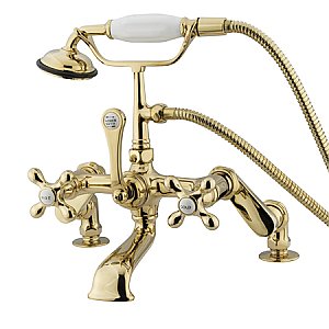 Deck Mount Clawfoot Tub Faucet with Hand Shower - Adjustable Centers - Metal Cross Handles - Polished Brass