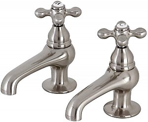 Vintage Collection Basin Sink Faucet Separate Hot & Cold Taps - Metal Cross Handles - Brushed Nickel