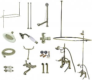 Vintage Clawfoot Tub Faucet Package with Porcelain Levers and Shower Enclosure - Brushed Nickel