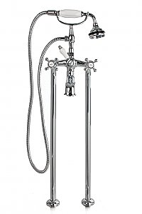 Freestanding Tub Filler / Faucet with Porcelain Hand Shower and Supply Lines - 6" on Center