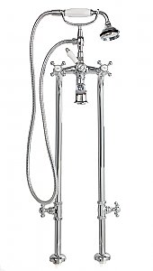 Freestanding Tub Filler / Faucet with Porcelain Hand Shower and Supply Lines with Shut-Off Valves - 6" on Center