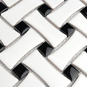 Metro Dog Bone Basket Weave Matte White/Gl Black Dot 10" x 10" Porcelain Mosaic Tile - Sold Per Case of 10 - 7.1 Sq. Ft.