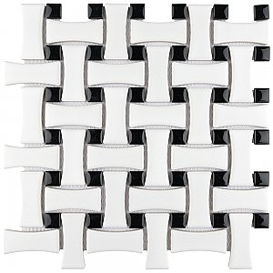 Metro Dog Bone Basket Weave Matte White/Gl Black Dot 10" x 10" Porcelain Mosaic Tile - Sold Per Case of 10 - 7.1 Sq. Ft.