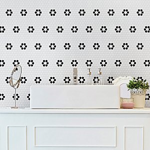 Metro Penny Satin 11-1/2" x 9-3/4" White with Flower Porcelain Mosaic Tile - Sold Per Case of 10 - 7.97 Square Feet