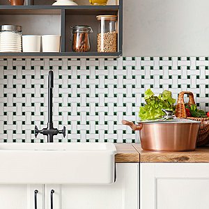 Metro Ion Dog Bone Basket Weave Emerald Dot with Matte White 10" x 10" Mosaic Floor & Wall Tile - 10 Tiles Per Case - 7.1 Sq. Ft.
