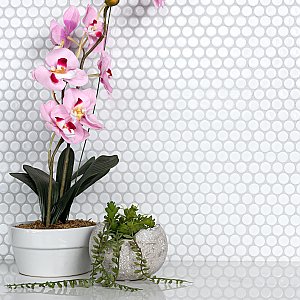 Hudson Penny Round Glossy White 11-7/8" x 12-5/8" Porcelain Mosaic Tile -10 Sheets Per Case -10.5 Sq. Ft.