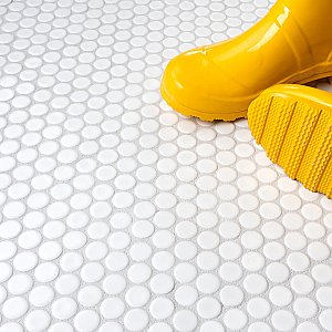 Hudson Penny Round Glossy White 11-7/8" x 12-5/8" Porcelain Mosaic Tile -10 Sheets Per Case -10.5 Sq. Ft.