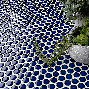 Hudson Penny Round Blue Eye 11-7/8" x 12-5/8" Porcelain Mosaic Tile -10 Sheets Per Case -10.5 Sq. Ft.