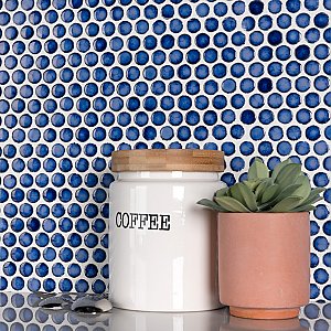 Hudson Penny Round Glossy Sapphire 11-7/8" x 12-5/8" Porcelain Mosaic Tile -10 Sheets Per Case -10.5 Sq. Ft.