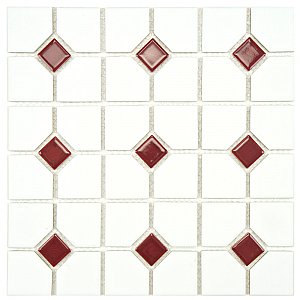 Oxford Matte Wht w/Maroon Dot 11-3/8" x 11-3/8" Porcelain Mosaic Tile -10 Tiles Per Case -9.2 Sq. Ft.