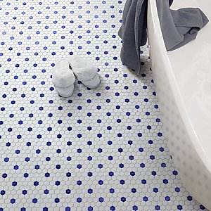 Metro Ion 1" Hex Sapphire Dot With Glossy White 10-1/4" x 11-7/8" Porcelain Mosaic Floor & Wall Tile