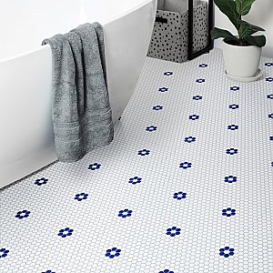 Metro Ion 1" Hex Sapphire Flower With Glossy White 10-1/4" x 11-7/8" Porcelain Mosaic Floor & Wall Tile