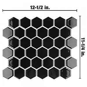 Hudson Due 2" Hex Glossy Black 10-7/8" x 12-5/8" Porcelain Mosaic Tile -10 Sheets Per Case -9.7 Sq. Ft.