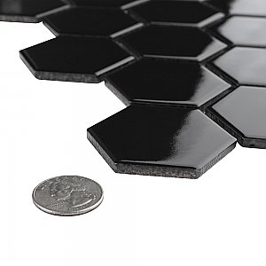 Metro 2" Hex Glossy Black 11-1/8" x 12-5/8" Porcelain Mosaic Tile - Sold Per Case of 10 - 10.0 Sq. Ft.