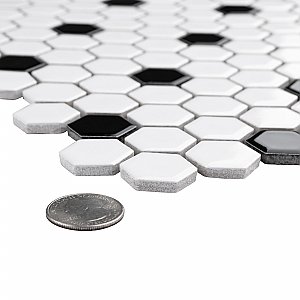 Metro 1" Hex Glossy White With Black Dot Porcelain Mosaic Tile - Per Case of 10 - 8.5 Square Feet