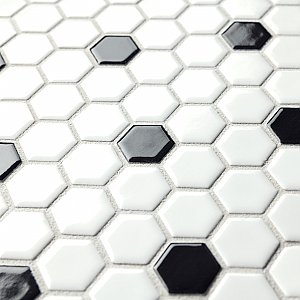 Metro 1" Hex Glossy White With Black Dot Porcelain Mosaic Tile - Per Case of 10 - 8.5 Square Feet