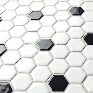 Metro 1" Hex Glossy White With Black Dot Porcelain Mosaic Tile - Per Case of 10 - 8.5 Square Feet