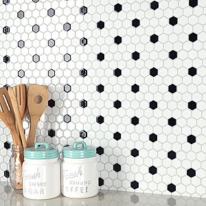 Metro 1" Hex Glossy White With Black Dot Porcelain Mosaic Tile - Per Case of 10 - 8.5 Square Feet