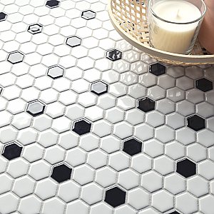 Metro 1" Hex Glossy White With Black Dot Porcelain Mosaic Tile - Per Case of 10 - 8.5 Square Feet