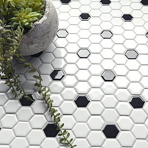 Metro 1" Hex Glossy White With Black Dot Porcelain Mosaic Tile - Per Case of 10 - 8.5 Square Feet