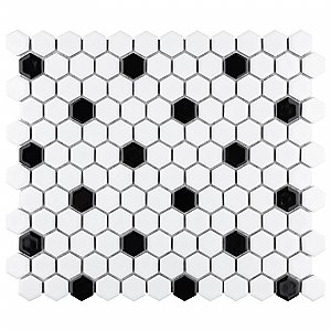 Metro 1" Hex Glossy White With Black Dot Porcelain Mosaic Tile - Per Case of 10 - 8.5 Square Feet